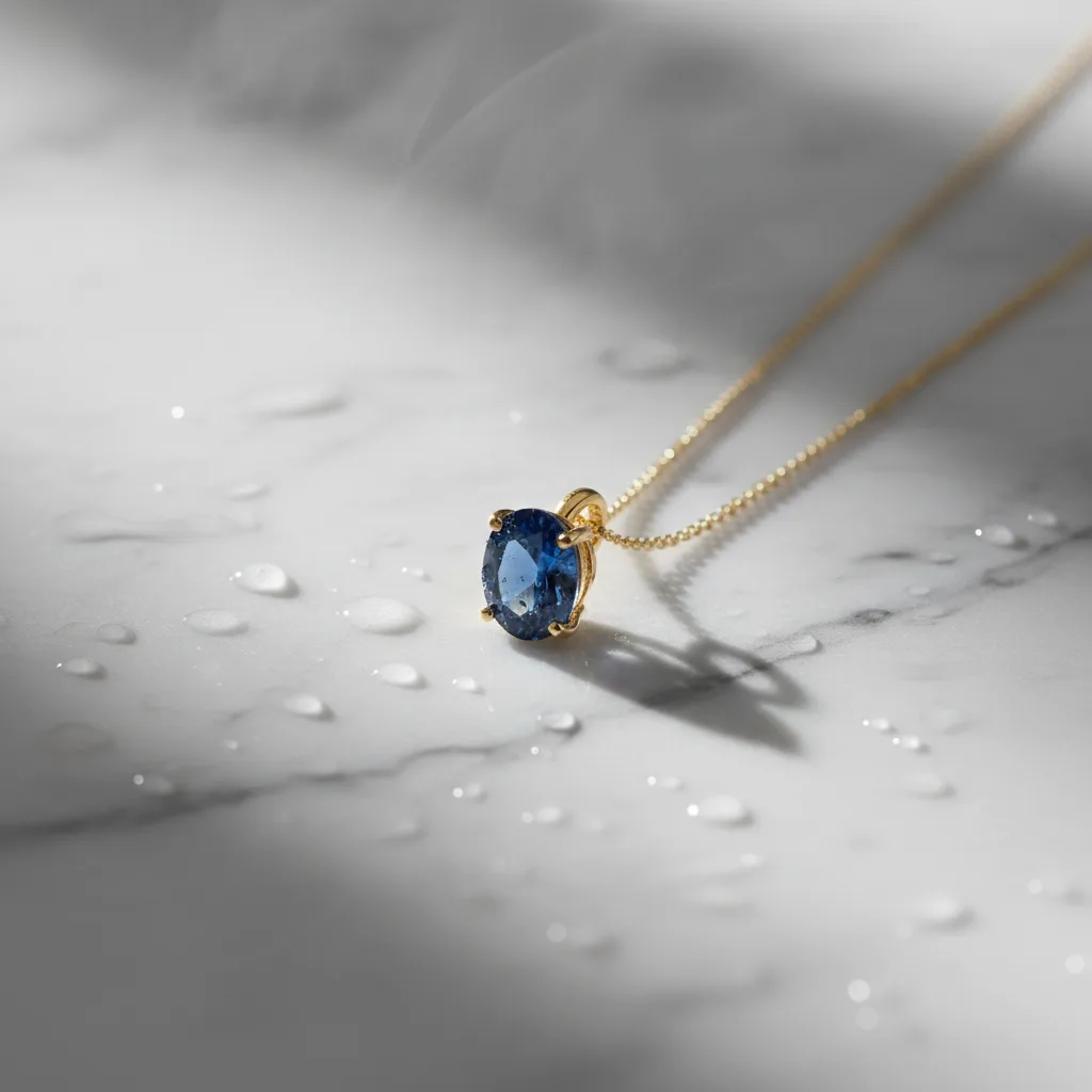 Pendentif saphir bleu royal porté sur décolleté dégagé